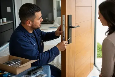 Chaveiro instalando uma fechadura nova em uma porta em Linhares.