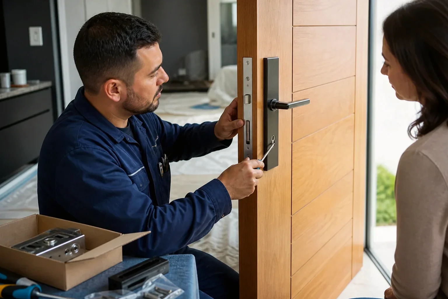 Chaveiro instalando uma fechadura nova em uma porta em Linhares.
