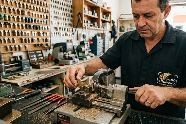 Cópia de chave sendo feita em um chaveiro em Linhares.