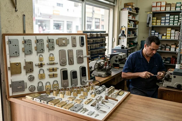 Várias tipos de fechaduras expostas em Linhares.